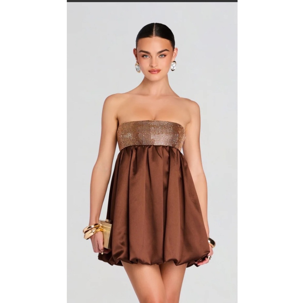 Retrofete Delfino Espresso Satin Crystal Studded Bubble Hem Mini Dress-NWT -S - Picture 5 of 15